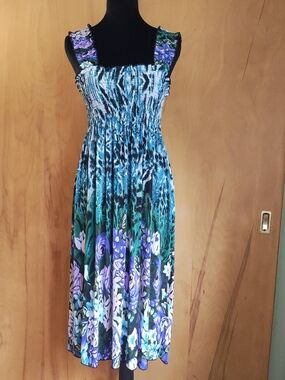 Blue & Purple Floral Shirred Maxi Dress